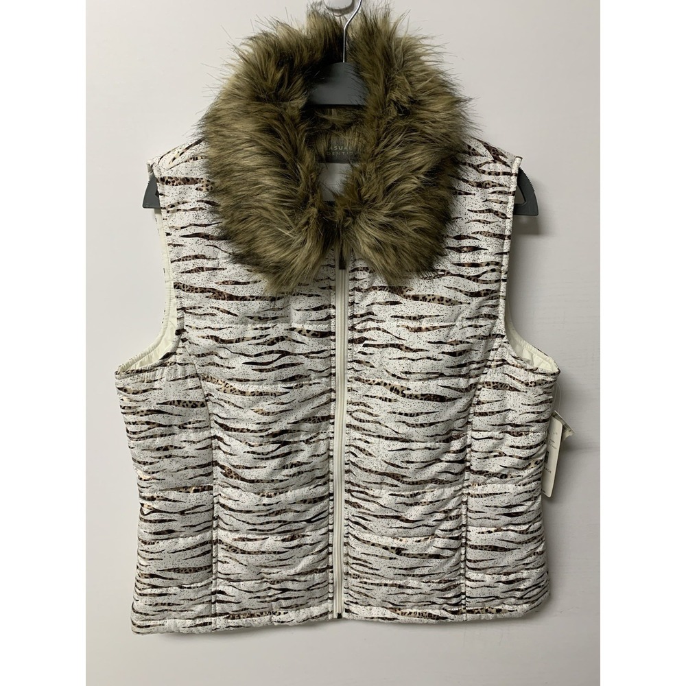 Women's Puffer Vest Size XL Animal Print White Removable Faux Fur Collar